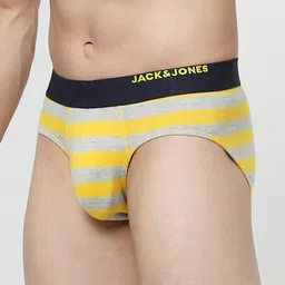 Jack & Jones Men Yellow Striped Printed Pure Cotton Basic Briefs image 2