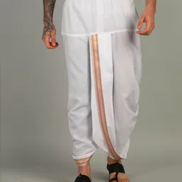AKESHAVAM Mens white Colour Panjakejam Readymade Golden Zari Dhoti Free size 100%cotton Embroidered, Striped, Solid Men Dhoti image 1