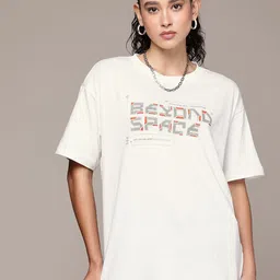 roadster Women Printed Round Neck Pure Cotton White T-Shirt-picture-19