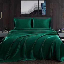 coolbeds Green Solid 400 TC Satin Single Fitted Bedsheet with 2 Satin Pillow covers image 2