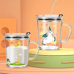 jishaenterprise Random Design Multipurpose Drinking Glass Measuring/Cup with Silicone Straw, Lid Glass Coffee Mug image 3