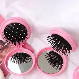 alexvyan Pink Round Travel Mini Hair Comb with Make up Mirror Pocket Folding image 3