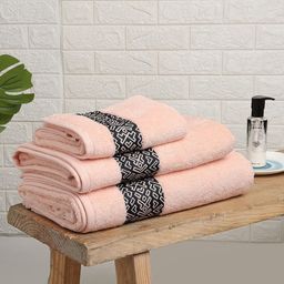 SPACES Aurum Pink & Black 3 Pieces Geometric Self Design Pure Cotton 500 GSM Towel Set-picture-9