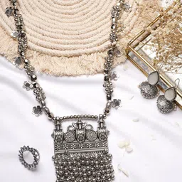 TEEJH Silver-Toned Lumbika Silver Oxidised Jewelery Set-picture-19