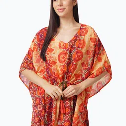 IX IMPRESSION Women Orange & Yellow Geometric Printed Georgette Kaftan Top image 1
