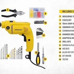 stanley SDH550KP-IN 550W DIY 10mm Single Speed Hammer Drill and Power & Hand Tool Kit image 4