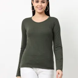 wafaa Women Solid Round Neck Pure Cotton Green T-Shirt-picture-14