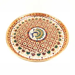 apka mart Beige & Red Textured Pooja Thali Plate With Peacock Design image 1