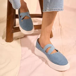 fausto Elastic Closure Cross Strap Denim Slip On Height Enhancer Shoes Bellies For Women image 4