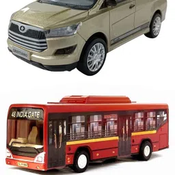 Combo of Pull Back Action Innova Crysta with Low Floor CNG City Bus Model Toy Car for Kids and Boys (Color May Vary)-image-1