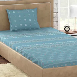petal home Blue Geometric 300 TC 100% Cotton Single Bed Sized Bed Sheets With 1 Pillow Cover image 1