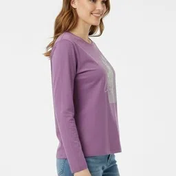 wineberry Women Printed Round Neck Cotton Blend Purple T-Shirt image 5