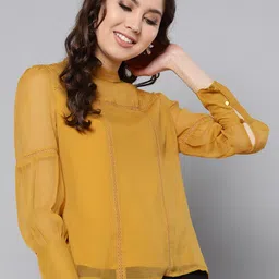marie claire Casual Cuffed Sleeves Solid Women Yellow Top-picture-11
