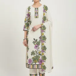 Pack of 3 Women Floral Print, Embroidered, Printed Cotton Blend Straight Kurta With Attached Dupatta-image-63