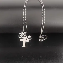shiv jagdamba Religious Om Cross Star Moon Locket With Chain Sterling Silver Stainless Steel Pendant Set image 2