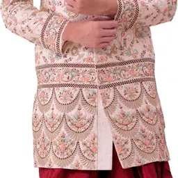 Pooja Ethnic Pooja Ethnic Men's Beige Silk Sherwani with Dhoti PE9016 Embroidered Sherwani-picture-30