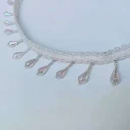 swag enterprises TRANSPARENT-RINBW-MOTI-2M Pearl & White Latkan Hanging Bead Lace Border, 30 cm 2Mtr Lace Reel image 4