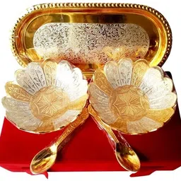 raj laxmi RajLaxmi Gold And Silver Plated Bowl Tray Set Tray, Spoon, Bowl Serving Set image 3