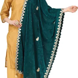 Velvet Embroidered Dark Green Women Dupatta-image-23