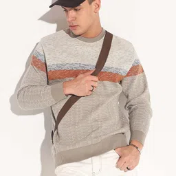 showoffff Men Striped Round Neck Grey Sweater image 1