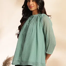 janasya Casual Regular Sleeves Self Design Women Green Top image 4