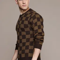 roadster Men Checkered Round Neck Brown Sweater image 3