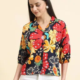 ekasya Women Boxy Fit Graphic Print Lapel Collar Casual Shirt-picture-13