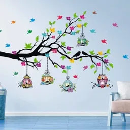 heaven decors 80 cm Tree Branches - Colorful Birdcage - Flower- Sticker ( ideal size - Large ) Self Adhesive Sticker image 3