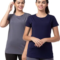udi n adi Pack of 2 WOMEN SPORTS TSHIRT GYM WEAR Women Solid Round Neck Polyester Dark Blue, Grey T-Shirt-picture-23