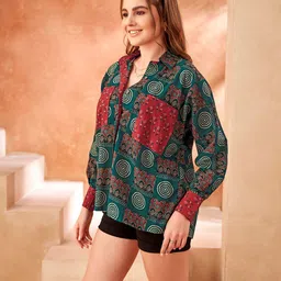 kaftanize Women Oversized Fit Geometric Print Button Down Collar Casual Shirt image 3