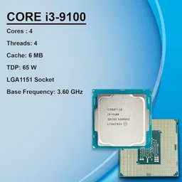 Intel Tray Core i3 9th Generation 9100 Processor (Fan not Included) 3.6 GHz Upto 4.2 GHz LGA 1151 Socket 4 Cores 4 Threads 6 MB Smart Cache Desktop Processor image 2