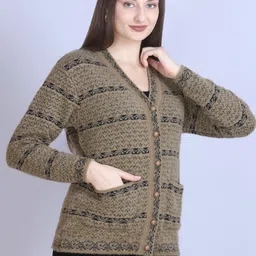 first sleep Women Self Design V Neck Reversible Gold Sweater image 3