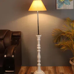 Elegant Beige Metal and Fabric Shade Club Floor Lamp With Wood Base By Sapphire image 1