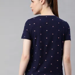 roadster Women Printed Round Neck Pure Cotton Dark Blue T-Shirt image 5