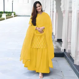 zestleaf Women Viscose Rayon Kurta Sharara Attached Dupatta Set image 1