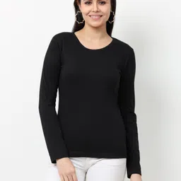 wafaa Women Solid Round Neck Pure Cotton Black T-Shirt-picture-20