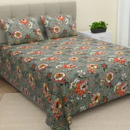 Green Floral 220 TC Cotton 1 Double King Size Bedsheet with 2 Pillow Covers by BELLA CASA-image-18