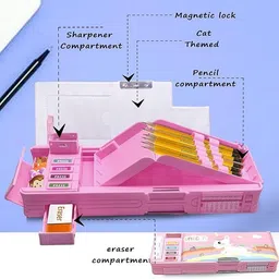 joy maker Quality Multi Compartment Button Operated Cat Pencil Box For Kids Unicorn Art Plastic Pencil Box image 2