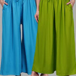 valles365 by s.c. Pack of 2 Women Flared Light Green, Blue Viscose Rayon Trousers-picture-17