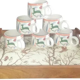 nohunt Pack of 7 Ceramic Ceramic Printed Tea Cup Set with Wooden Serving Tray 150ml Each Cups, Tea Cups image 2