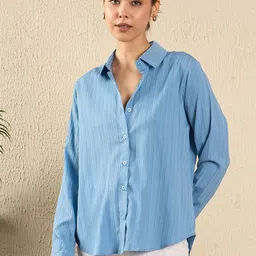 clothsaga Women Oversized Fit Self Design Lapel Collar Casual Shirt-picture-36