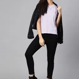 roadster Women Solid Round Neck Pure Cotton Purple T-Shirt image 4