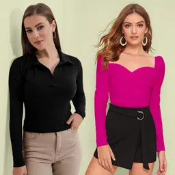 navyankaa Pack of 2 Casual Regular Sleeves Solid Women Pink Top-picture-15