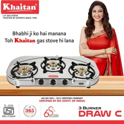 khaitan 3 Burner Draw "C" (with extra big party cooking burner) Stainless Steel Manual Gas Stove-picture-11