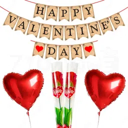zyozique Red Happy Valentine's Day Combo Banner, Heart Foil Balloons & Rose (Pack Of 5)-picture-14