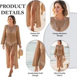 momisy Beachware Lace Dress Self Design Women Bikini Brown Swimsuit image 4