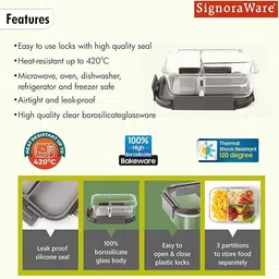 signoraware Slim Borosilicate Glass 3 Compartment Lunch box | Leakproof | Air Tight 1 Containers Lunch Box image 5