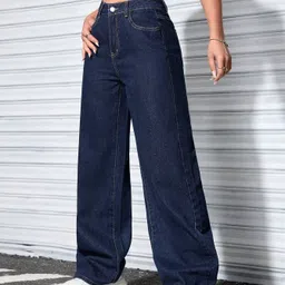 denim look Women Flared High Rise Dark Blue Jeans image 3