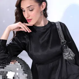tokyo talkies Casual Cuffed Sleeves Solid Women Black Top-picture-46