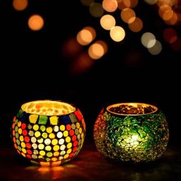 ecraftindia Mordern Multicolor Glass (Set of 2) Table Tea Light Holder-picture-18